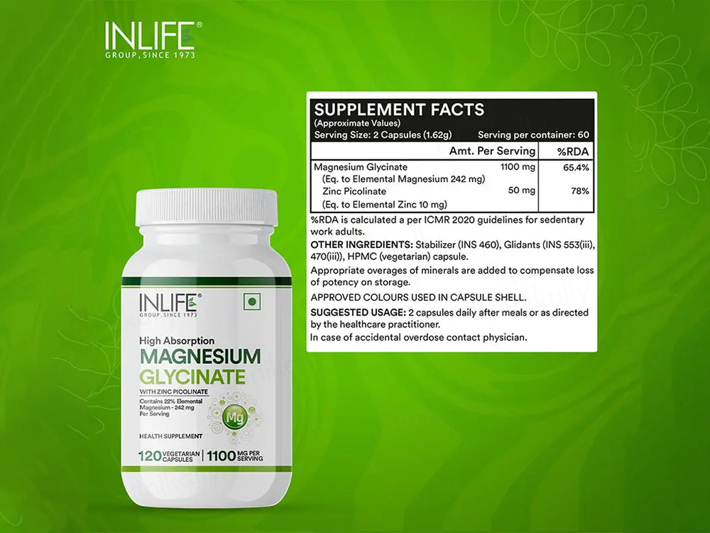 Inlife High Absorption Magnesium Glycinate 1100mg Vegetarian Capsule