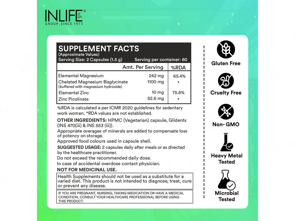 Inlife High Absorption Magnesium Glycinate 1100mg Vegetarian Capsule