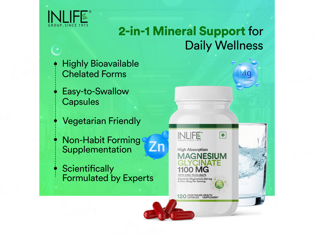 Inlife High Absorption Magnesium Glycinate 1100mg Vegetarian Capsule