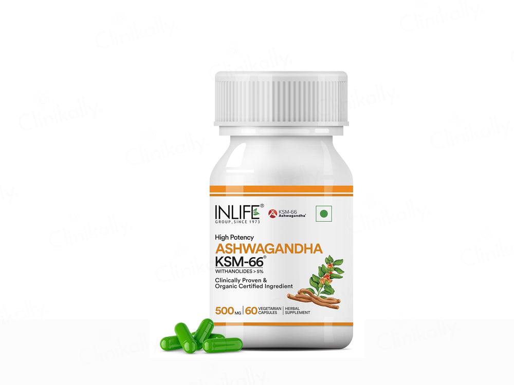Inlife High Potency Ashwagandha KSM-66 500mg Herbal Supplement Vegetarian Capsule