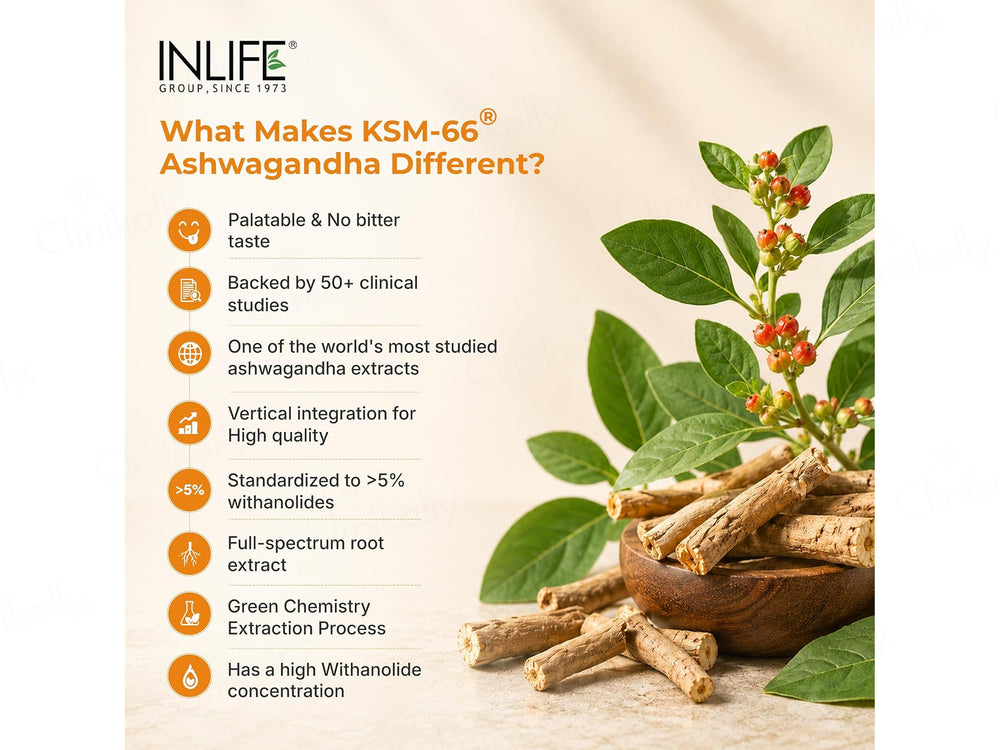 Inlife High Potency Ashwagandha KSM-66 500mg Herbal Supplement Vegetarian Capsule