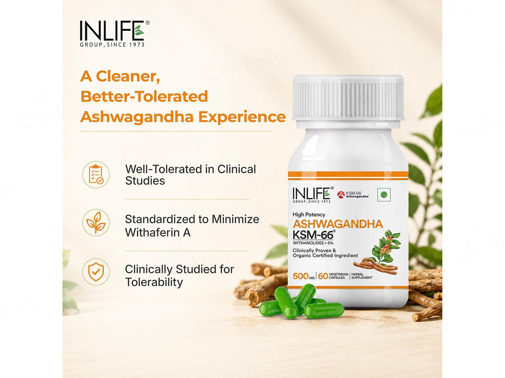 Inlife High Potency Ashwagandha KSM-66 500mg Herbal Supplement Vegetarian Capsule