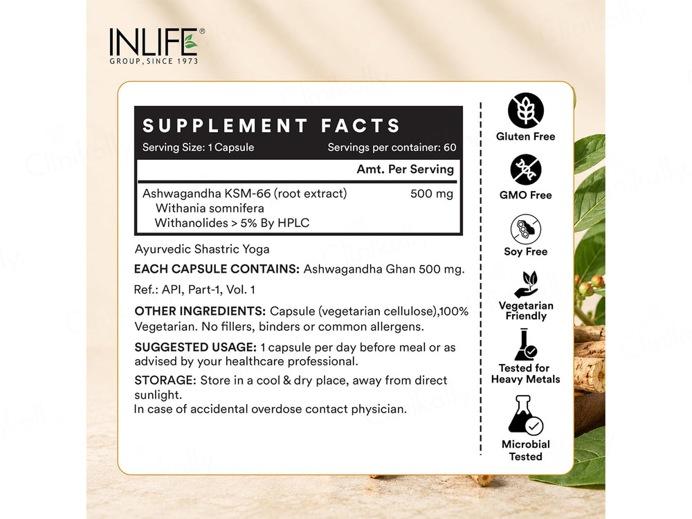 Inlife High Potency Ashwagandha KSM-66 500mg Herbal Supplement Vegetarian Capsule