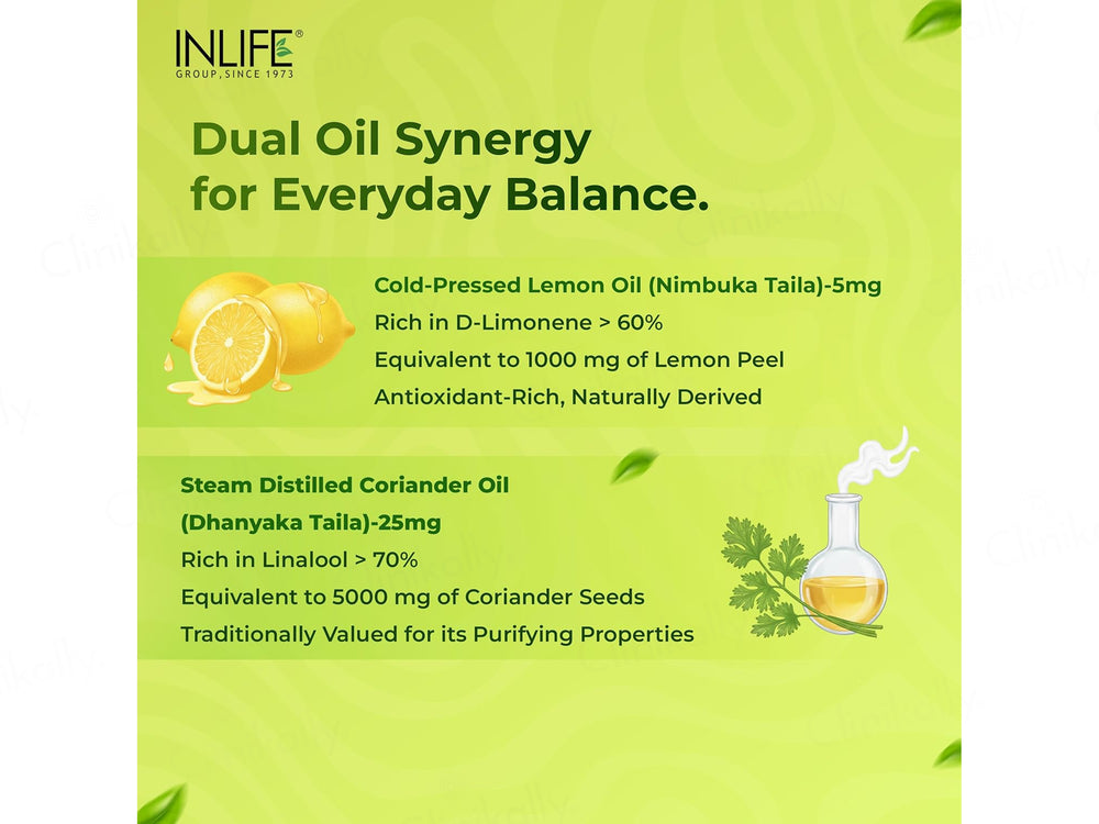 Inlife Natural Lemon Oil + Coriander Oil Liquid Filled Veg Capsule