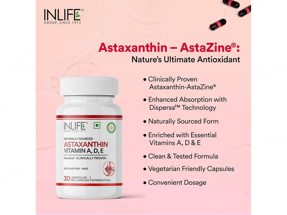 Inlife Naturally Sourced Astaxanthin 4mg With Vitamin A, D, E Liquid Filled Veg Capsule