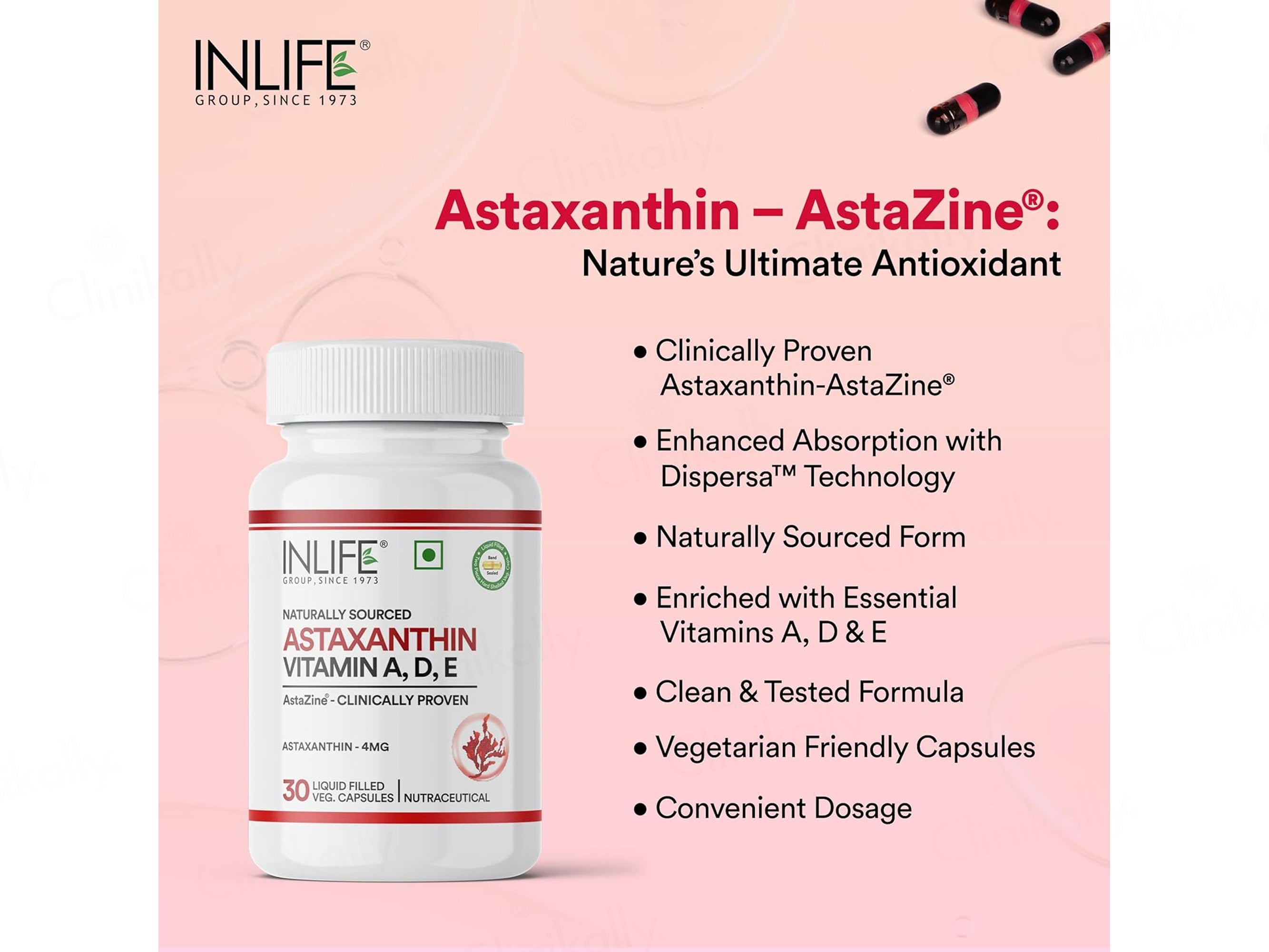 Inlife Naturally Sourced Astaxanthin 4mg With Vitamin A, D, E Liquid Filled Veg Capsule
