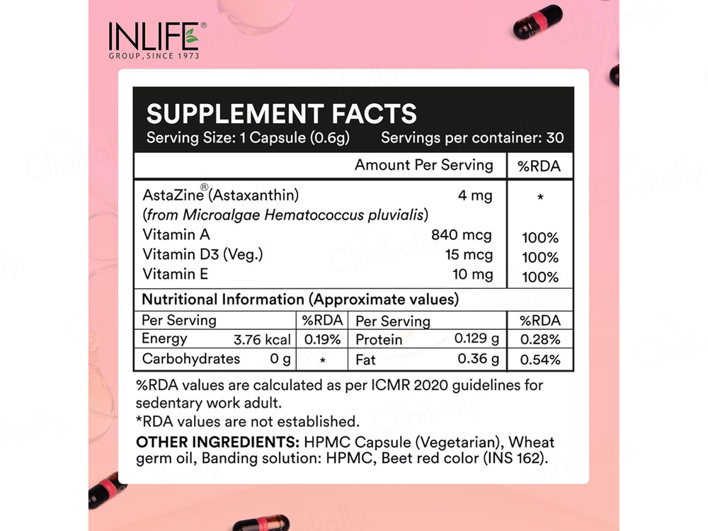 Inlife Naturally Sourced Astaxanthin 4mg With Vitamin A, D, E Liquid Filled Veg Capsule