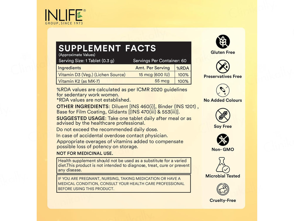 Inlife Plant Based Vitamin D3 600 I.U. + K2 Health Supplement Tablet