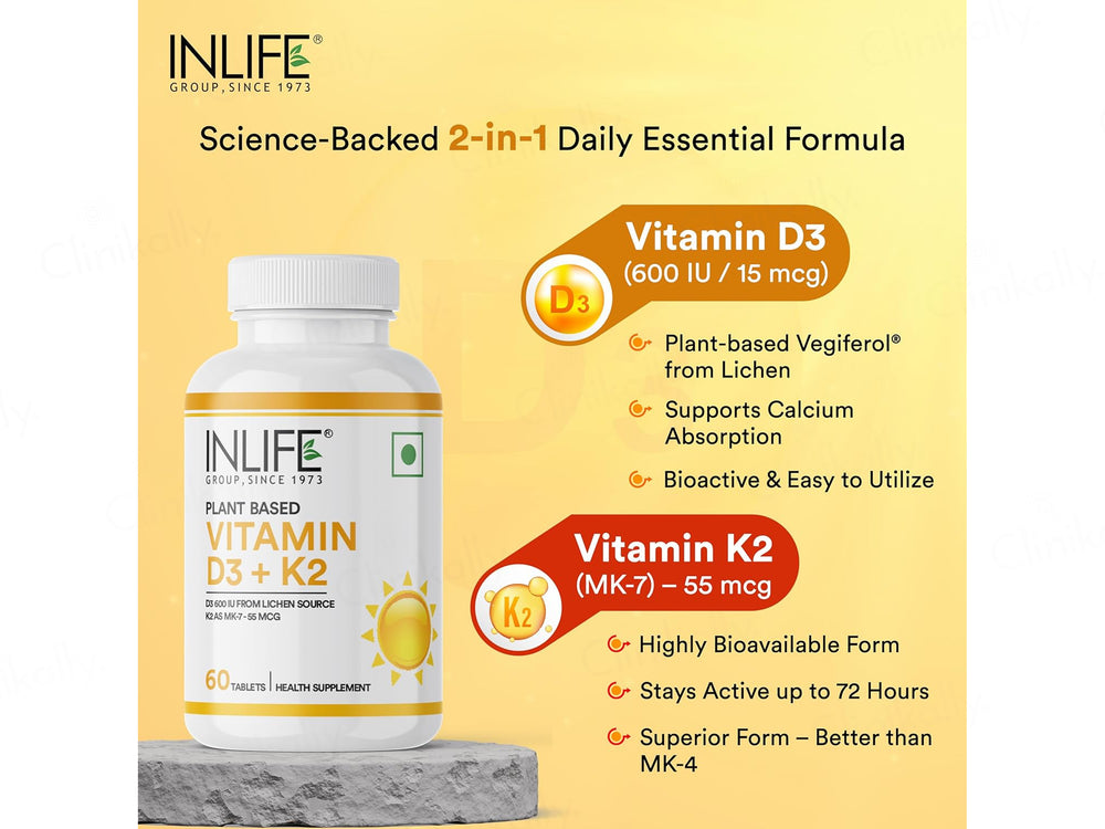Inlife Plant Based Vitamin D3 600 I.U. + K2 Health Supplement Tablet