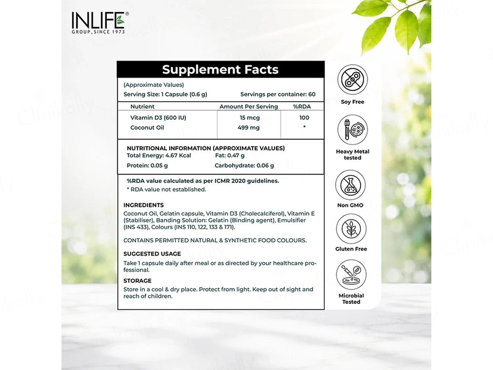 Inlife Vitamin D3 600 IU Health Supplement Capsule