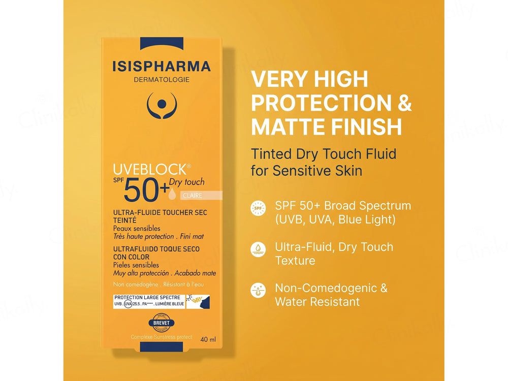 Isispharma UVE Block Tinted Dry Touch Ultra-Fluid Sunscreen SPF 50+ PA++++ (Claire/Light)