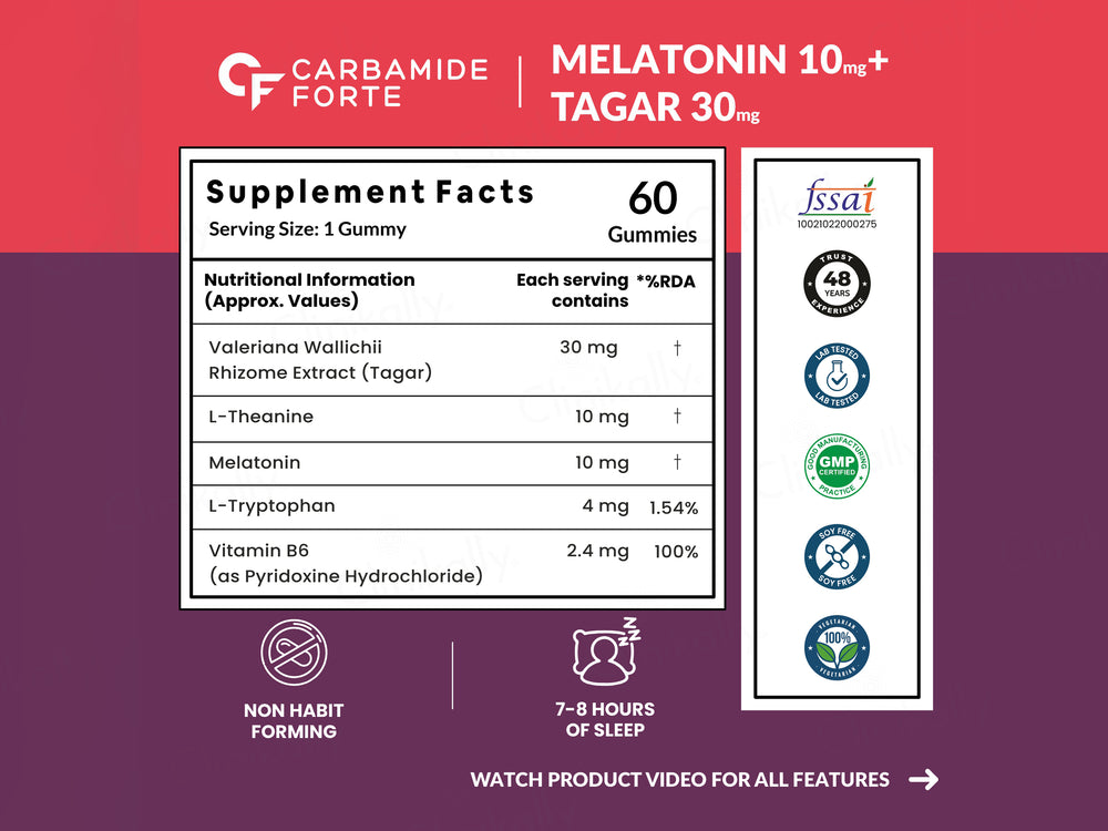 Carbamide Forte Melatonin 10mg + Tagar 30mg Sleep Gummies - Strawberry Flavour