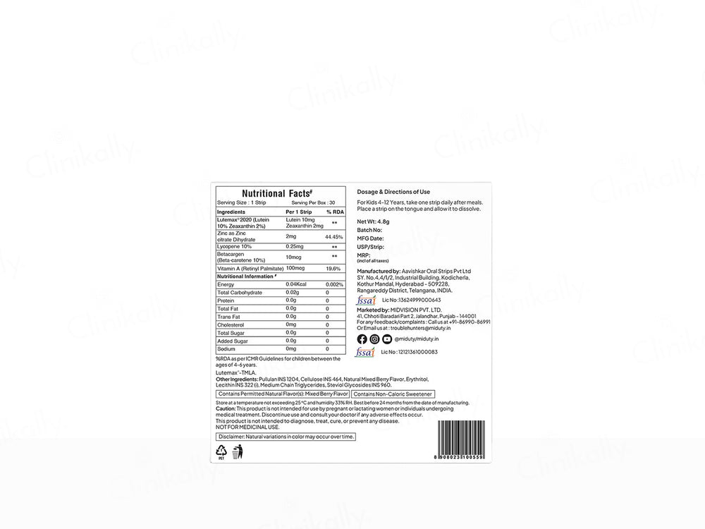 Miduty Eye Bright Jr. Nutraceutical Strip For Kids - Mixed Berry Flavour