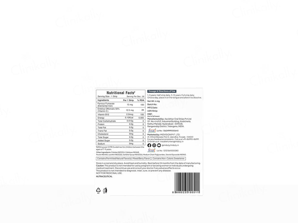 Miduty Kids Iron With Vitamin C & B12 Oral Strip - Mixed Berry Flavour
