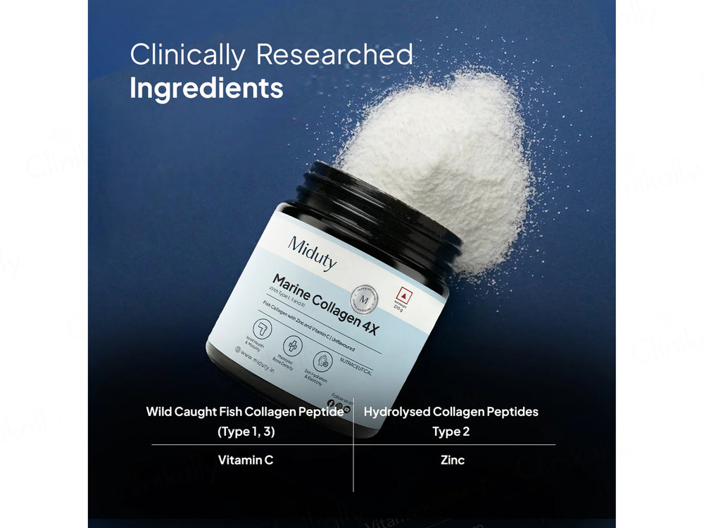 Miduty Type 1, 2 & 3 Hydrolyzed Marine Collagen 4X Peptides Powder - Unflavoured