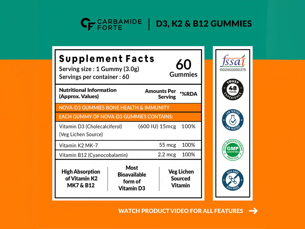Carbamide Forte Vitamin D3 + Vitamin K2 MK7 + Vitamin B12 Gummies - Mango Flavour