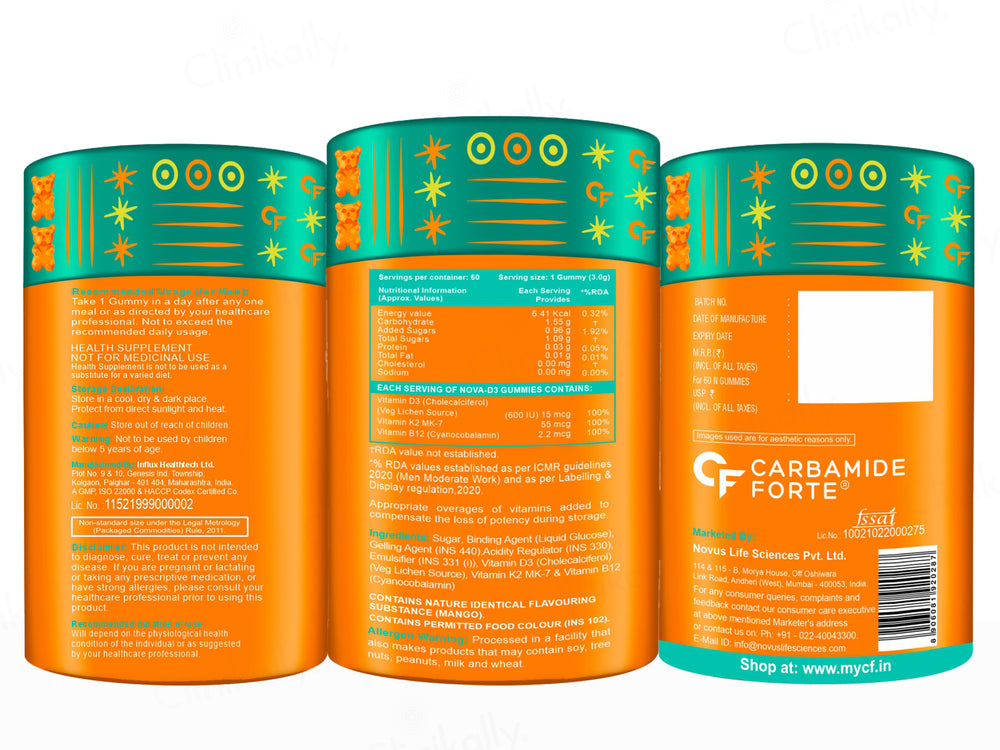 Carbamide Forte Vitamin D3 + Vitamin K2 MK7 + Vitamin B12 Gummies - Mango Flavour