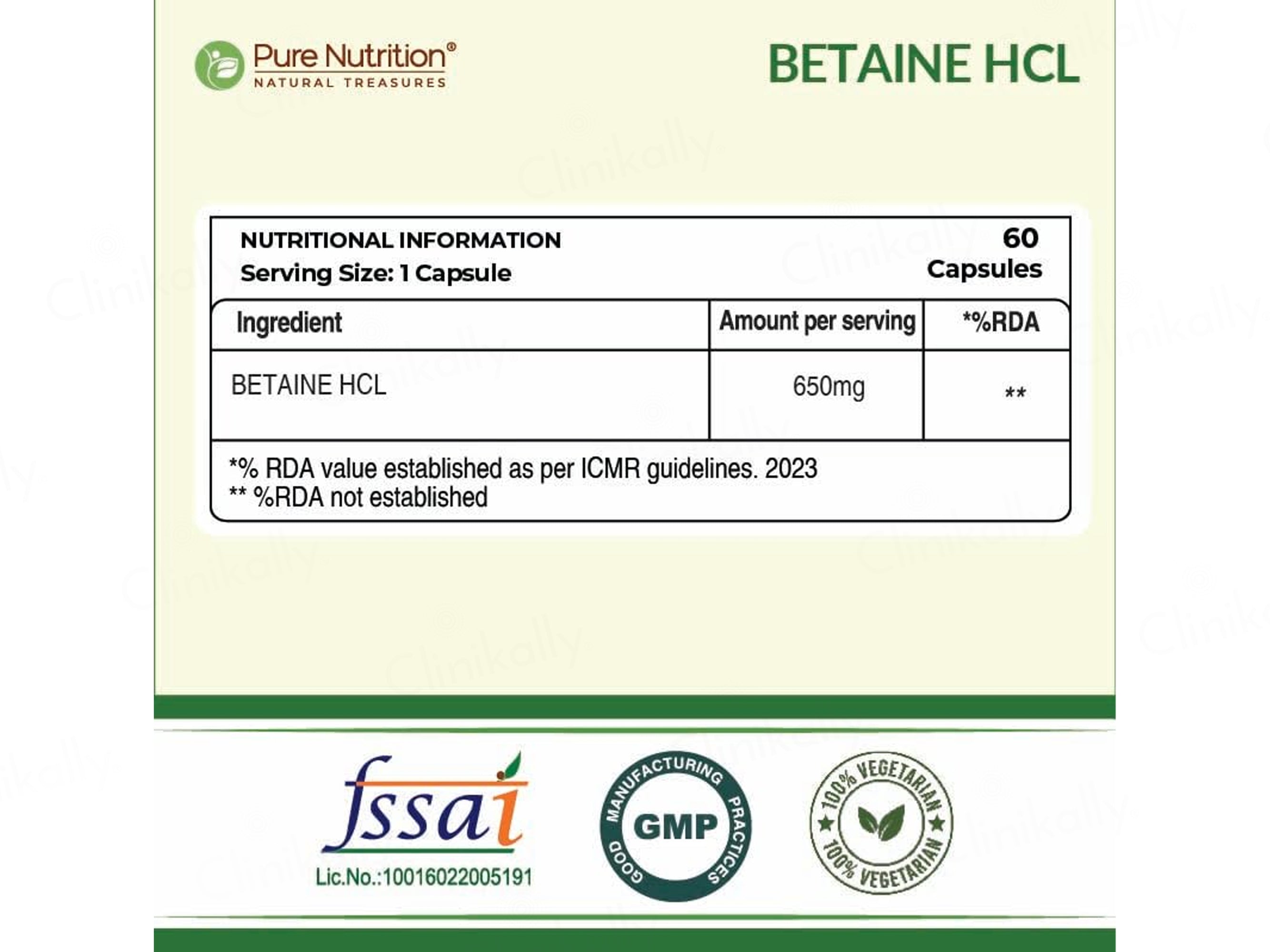 Pure Nutrition Betaine HCL 650mg Veg Capsule