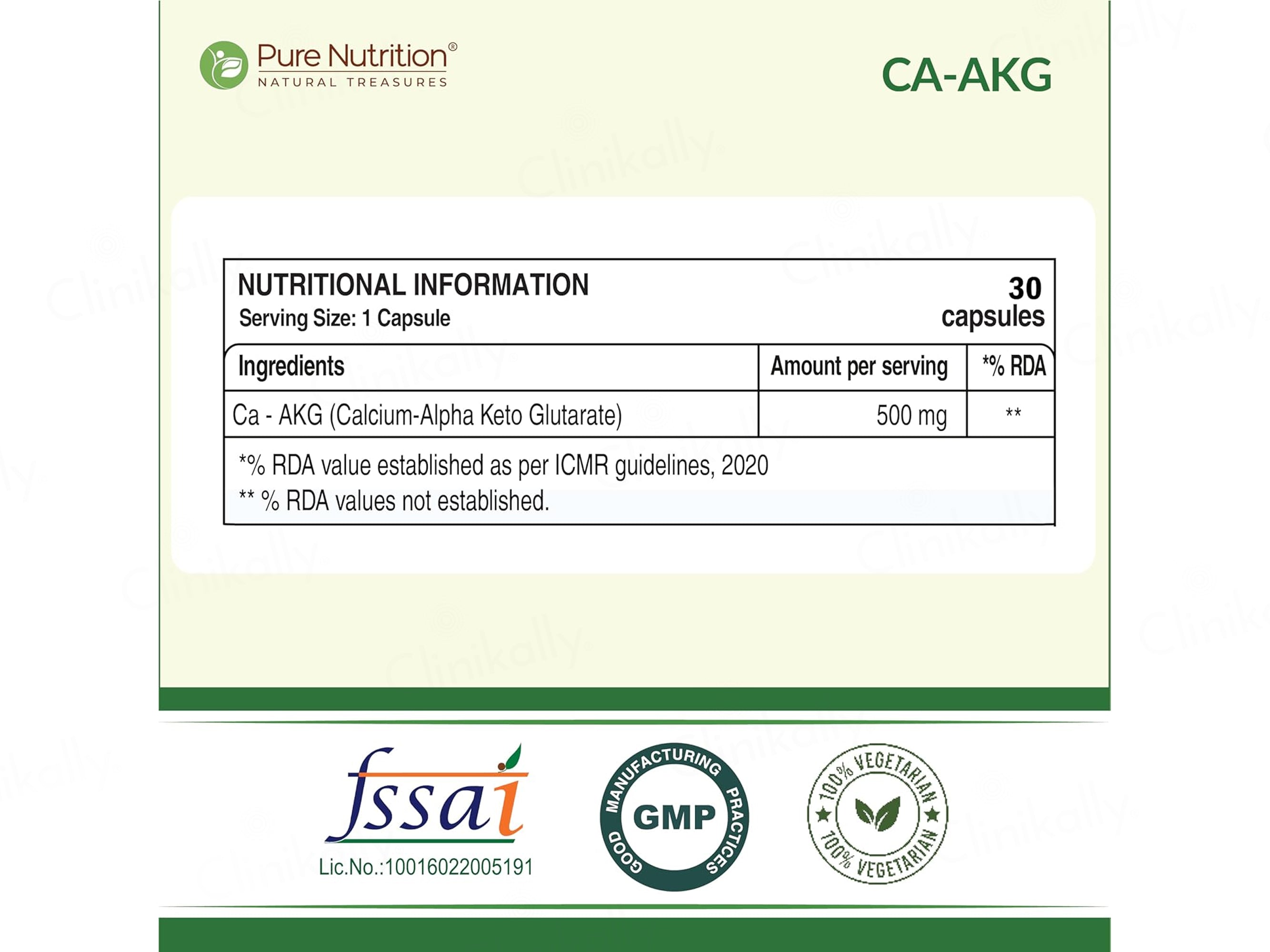 Pure Nutrition Ca-AKG 500mg Veg Capsule