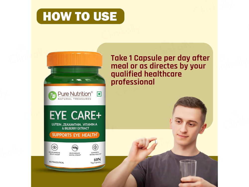 Pure Nutrition Eye Care+ With Lutein, Zeaxanthin, Vitamin A & Bilberry Veg Capsule