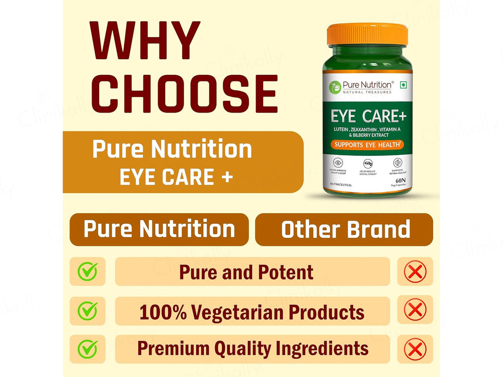 Pure Nutrition Eye Care+ With Lutein, Zeaxanthin, Vitamin A & Bilberry Veg Capsule