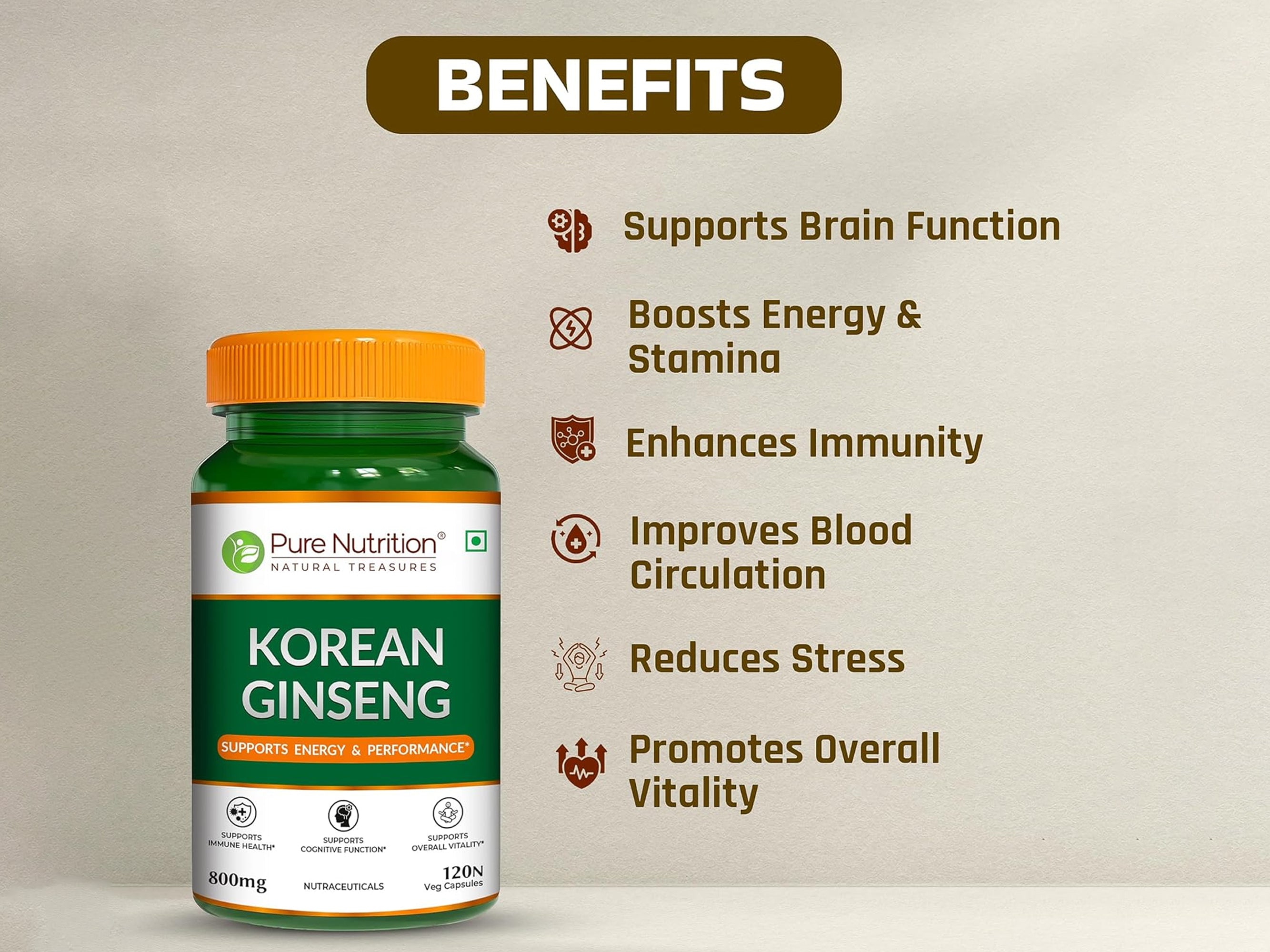 Pure Nutrition Korean Ginseng 800mg Veg Capsule