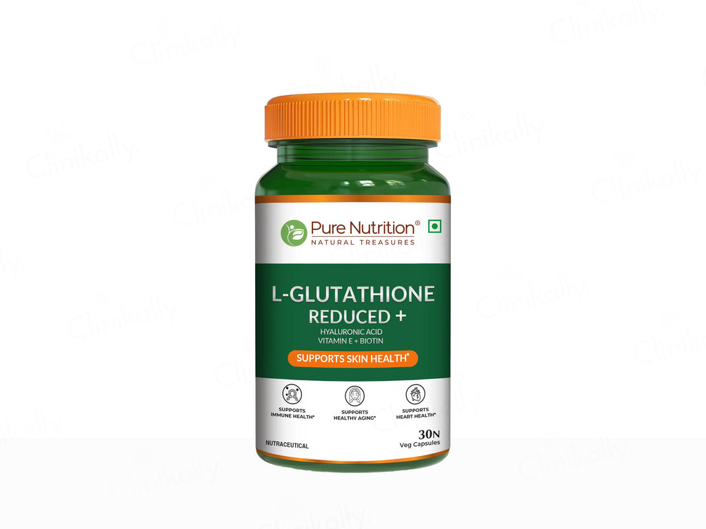Buy Pure Nutrition L-Glutathione Reduced+ with Hyaluronic Acid, Vitamin E, Biotin Veg Capsule Online at Best Price | Clinikally Buy Pure Nutrition L-Glutathione Reduced+ with Hyaluronic Acid, Vitamin E, Biotin Veg Capsule Online at Best Price | Clinikally