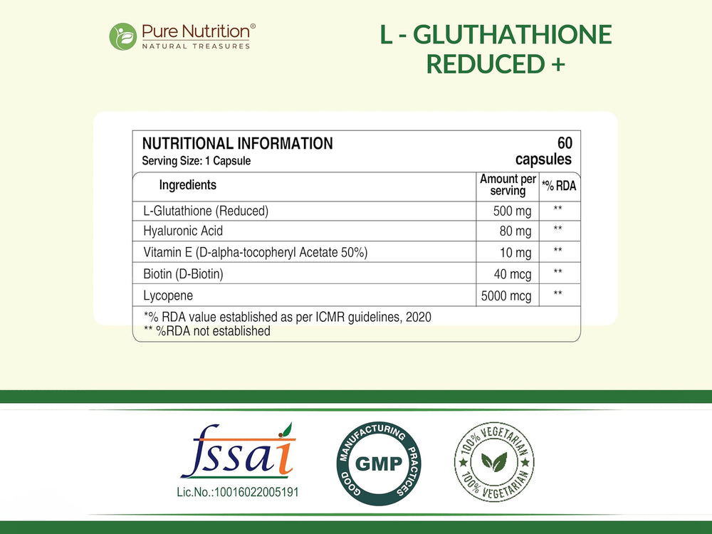Pure Nutrition L-Glutathione Reduced+ with Hyaluronic Acid, Vitamin E, Biotin Veg Capsule