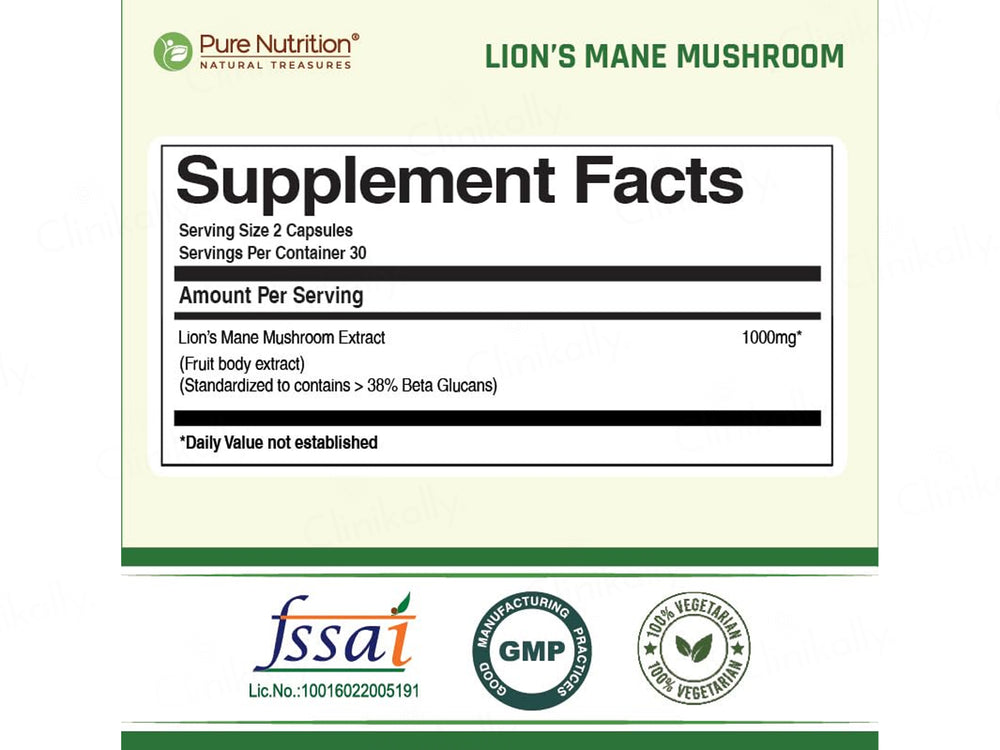 Pure Nutrition Lion's Mane Mushroom Extract 1000mg Veg Capsule