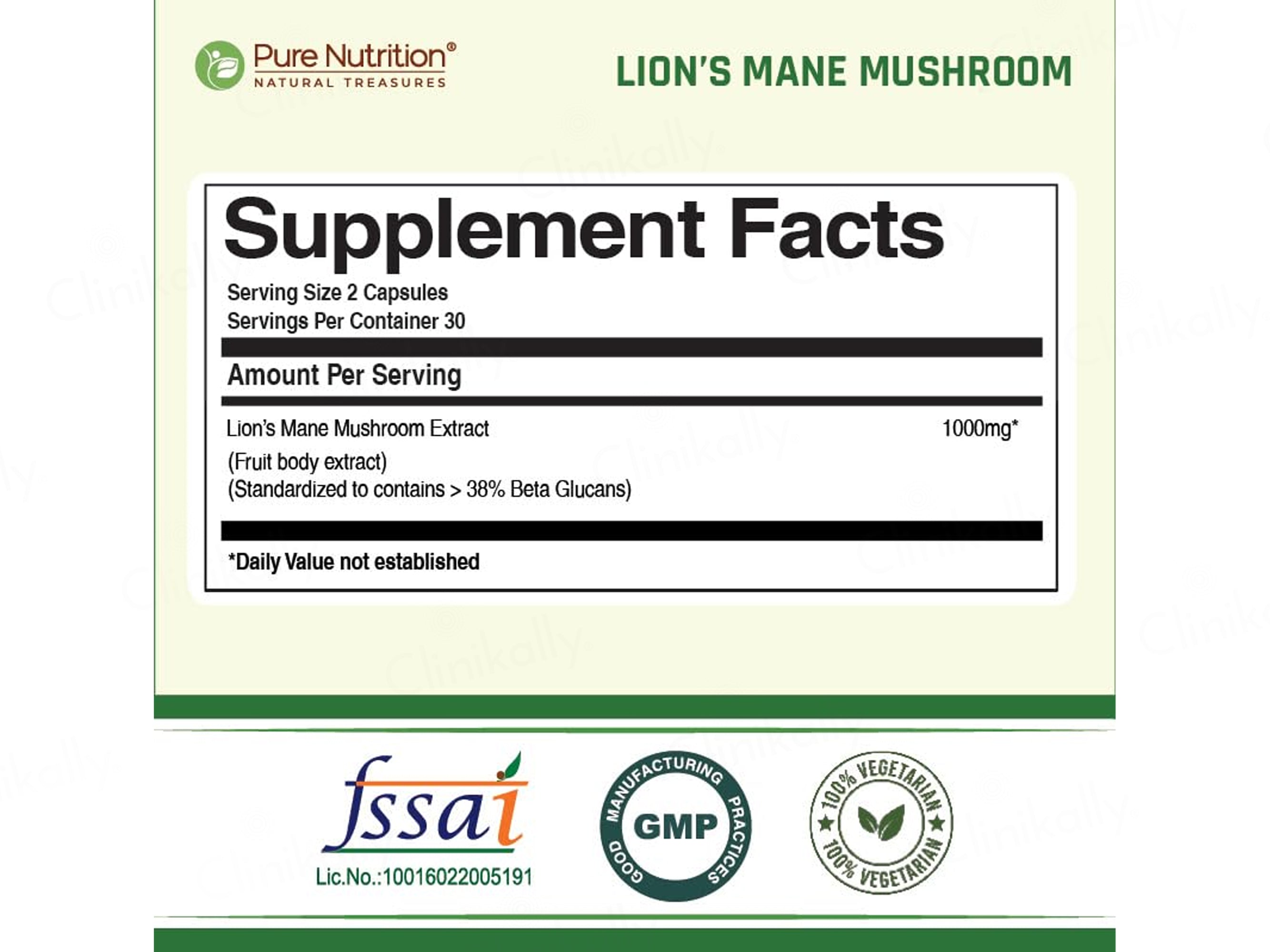 Pure Nutrition Lion's Mane Mushroom Extract 1000mg Veg Capsule