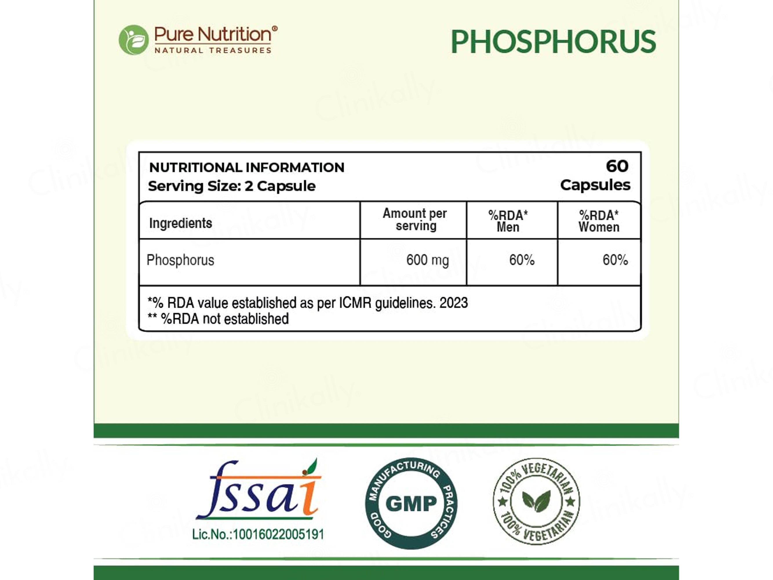 Pure Nutrition Phosphorus 600mg Veg Capsule