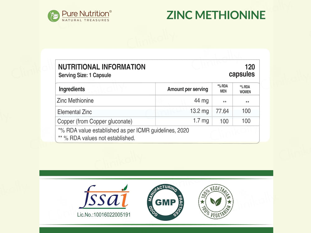 Pure Nutrition Zinc Methionine + Copper 45.7mg Veg Capsule