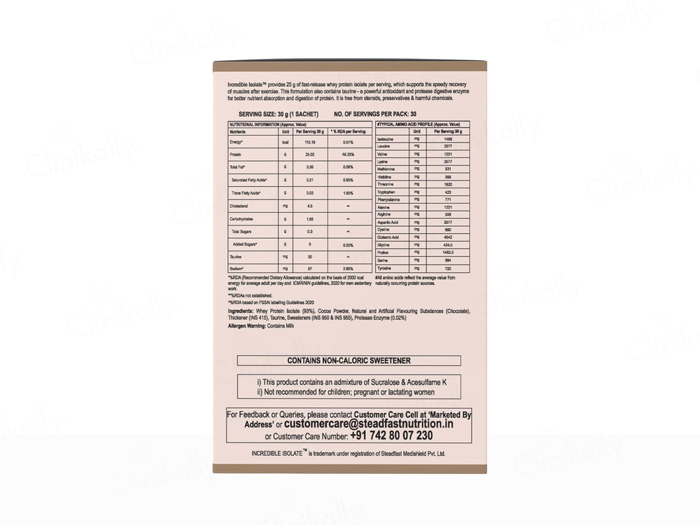 Steadfast Nutrition Incredible Isolate Recovery Whey Protein Isolate Sachet