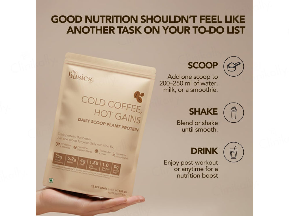 The Basics Woman Cold Coffee, Hot Gains Daily Scoop Plant Protein Powder