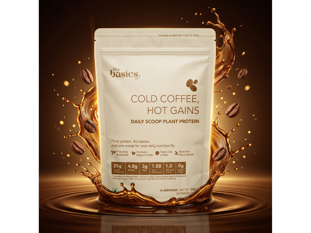 The Basics Woman Cold Coffee, Hot Gains Daily Scoop Plant Protein Powder