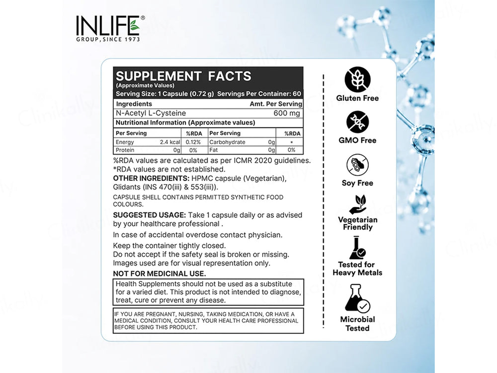 Inlife NAC N-Acetyl L-Cysteine 600mg Veg Capsule